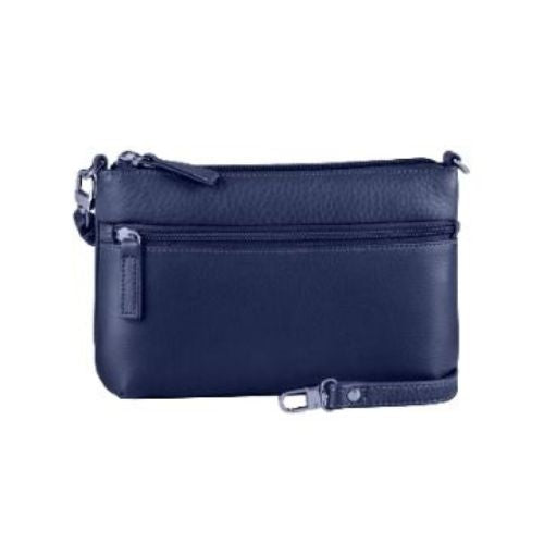 The front of the navy Derek Alexander bag has a zipper pocket and an adjustable or removable strap