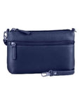 The front of the navy Derek Alexander bag has a zipper pocket and an adjustable or removable strap