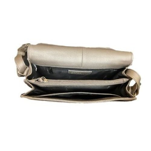 Inside view of pewter handbag with adjustable crossbody strap.