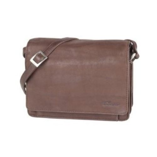 Brown leather full flap handbag by Derek Alexander with an adjustable strap and buckle