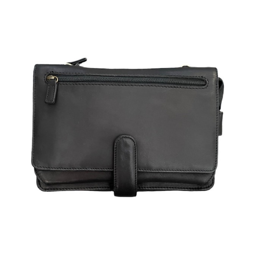 Black leather crossbody bag with buckle closure and zipper.