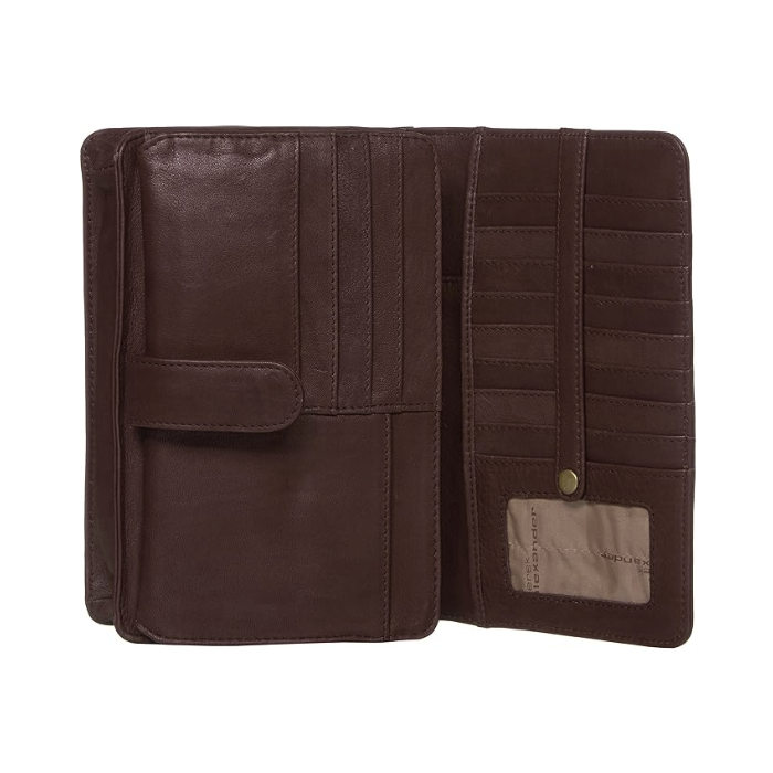 Brown leather wallet with multiple compartments and card slots.