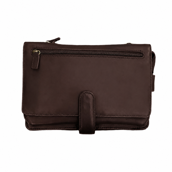 Dark brown leather crossbody bag with buckle closure and zipper.