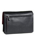 Back exterior of black leather handbag with zippered pocket