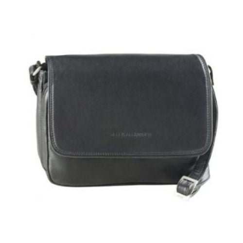 Black leather organizational handbag with 3/4 flap.