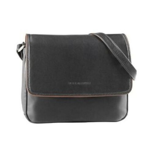 Black leather 3/4 flap with brown trim and adjustable shoulder strap.