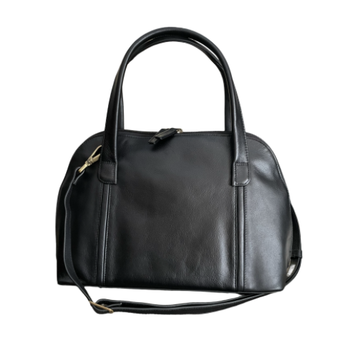 Black leather handbag with stitched lines, detachable shoulder strap and thick handles.