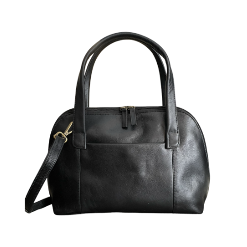 Black leather handbag with stitched lines, top zipper detachable shoulder strap and thick handles.