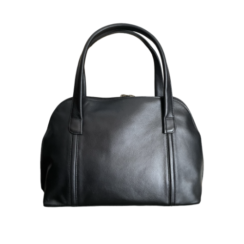 Black leather handbag with stitched lines and thick handles.