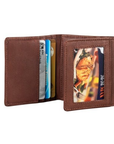 Brown leather wallet with cards and a ID clear window slot on back.