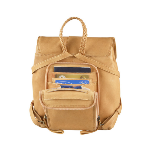 Tan backpack with a hidden back pocket open showing card slots and a braided top handle.