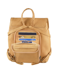 Tan backpack with a hidden back pocket open showing card slots and a braided top handle.