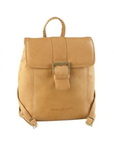 Tan backpack with a buckle closure.