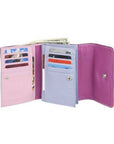 Open wallet showing interior light pink, blue and purple panels, card slots, money slots and a snap closure