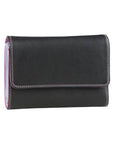Black leather wallet, 5" X 3" with blue and purple interior lining and light grey stitching 