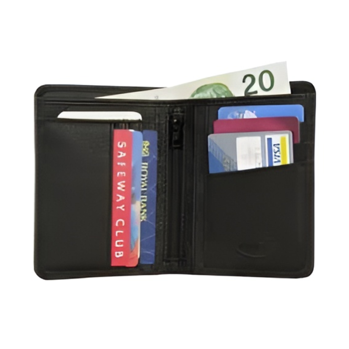 Interior of black wallet with various card slots, zippered middle slot and a 20 euro bill poking out of slot.