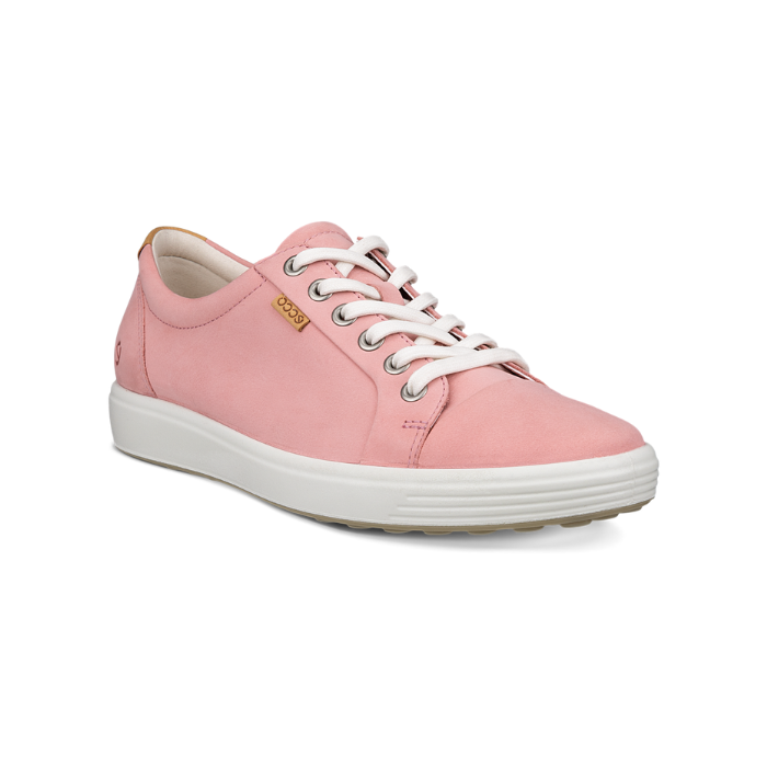 Pink leather upper sneaker with a brown Ecco logo tag near the white laces and a white midsole and a beige outsole. 
