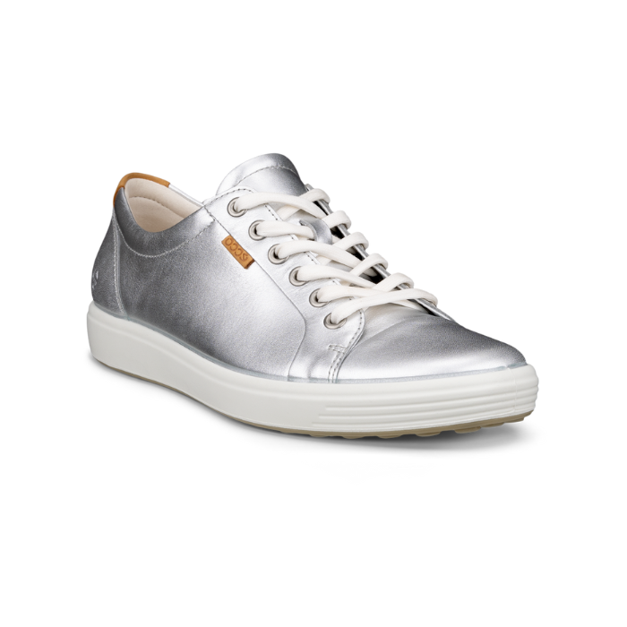 Silver leather upper sneaker with a brown Ecco logo tag near the white laces and a white midsole and a beige outsole. 