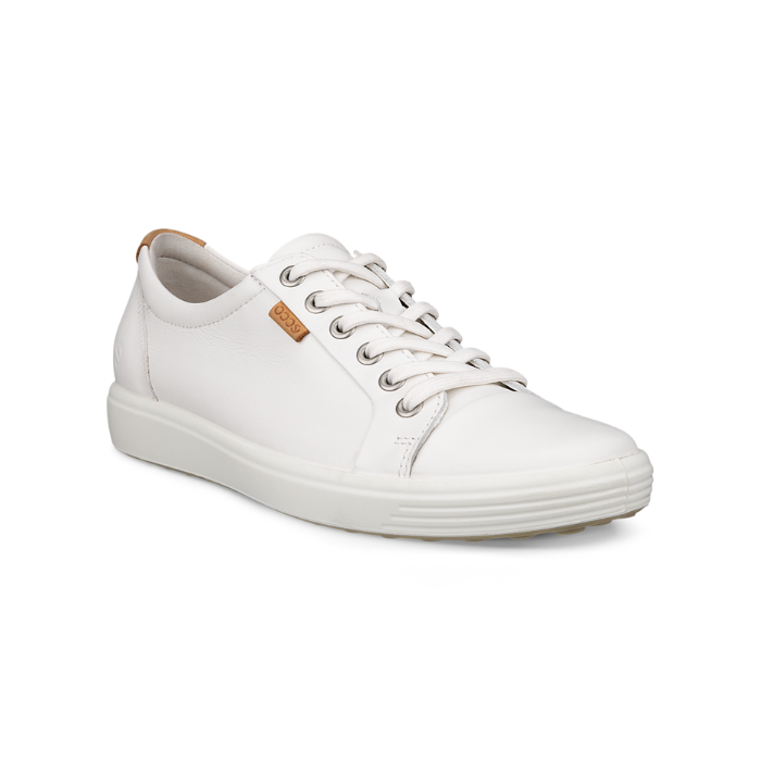 White leather sneaker with a brown Ecco logo tag near the white laces and a white midsole and a beige outsole. 