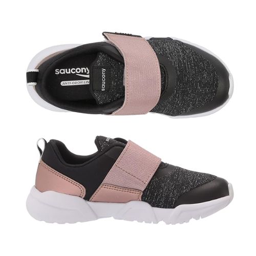 Black heather sneaker with rose gold velcro strap and white outsole.