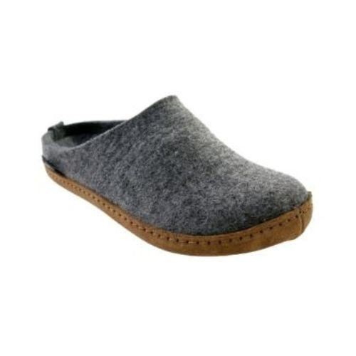 Grey wool slide slipper with brown suede outsole stitched onto it.