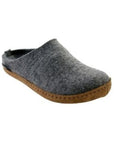 Grey wool slide slipper with brown suede outsole stitched onto it.