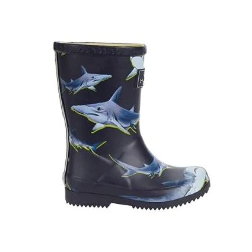 Navy shark printed mid-height rubber welly boot
