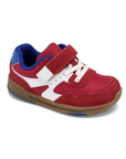 A red toddler's hook-and-loop sneaker with white accents, blue lining,  padded collar, white elastic lacing, and a brown gum outsole.