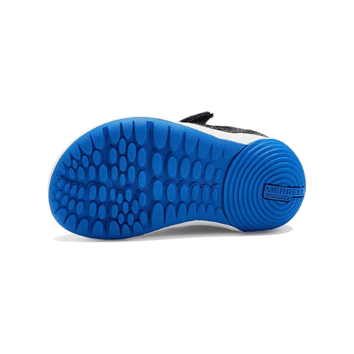 Blue outsole with circle bubble pattern and Merrell logo on heel.