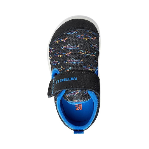 Black children's shoe with colorful shark outlines, blue Merrell logo'd footbed and white and blue outsole.
