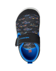 Black children's shoe with colorful shark outlines, blue Merrell logo'd footbed and white and blue outsole.