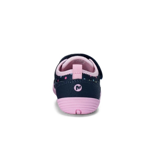 Heel of Navy children's shoe with colorful polka dots, pink lining and pink outsole..