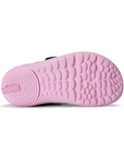 Pink light treaded outsole in bubble patterns with Merrell logo stamped on heel.