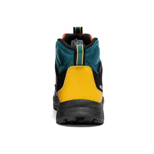 A high-top Merrell hiking boot shown from the rear, featuring a bright yellow heel counter, a teal mesh upper, and a black treaded outsole.