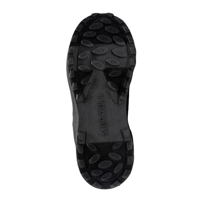 Black treaded outsole with grey accents and Merrell logo in middle.