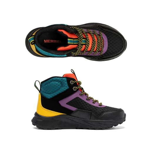 Pair of Mid-top hiking boots in black with purple, teal, orange, and yellow accents, featuring a black and yellow striped laces and a black treaded outsole.