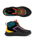 Pair of Mid-top hiking boots in black with purple, teal, orange, and yellow accents, featuring a black and yellow striped laces and a black treaded outsole.