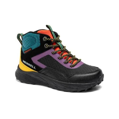 Mid-top hiking boot in black with purple, teal, orange, and yellow accents, featuring a black and yellow striped laces and a black treaded outsole.