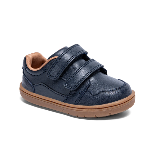 Navy blue children's shoe with two velcro straps and a brown outsole.