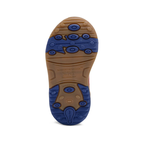 Tan and blue outsole with sensory response technology dots and Stride Rite logo on heel.