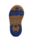 Tan and blue outsole with sensory response technology dots and Stride Rite logo on heel.