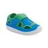 Toddler Stride Rite Splash water shoe in blue and green with dinosaur design, featuring quick-dry upper, Velcro strap, and flexible sole.