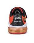 Heel of a Stride Rite sneaker with a vibrant orange and black design with a carbon-fiber pattern heel panel with finishing line race flags and clear orange outsole.