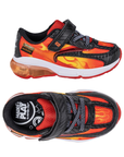 Pair of toddler's athletic sneakers featuring a red, orange, and yellow flame pattern on a black base, with a hook-and-loop strap closure and a white midsole.