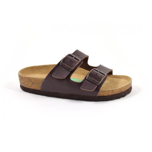 Brown supportive sandal with two buckles and dark brown outsole.