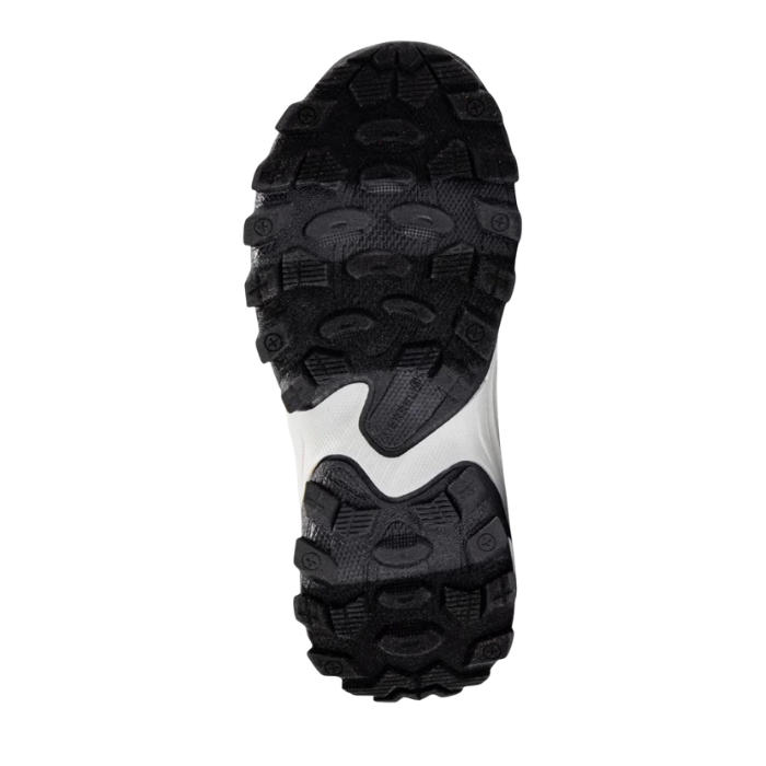 Black lugged outsole with grey accent waved horizontally through middle.