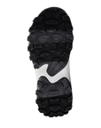 Black lugged outsole with grey accent waved horizontally through middle.