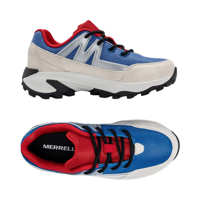 Pair of Merrell logo'd trail running shoes in blue with white wrap, red lining and tongue, silver "M" accent and a black and grey lugged outsole.