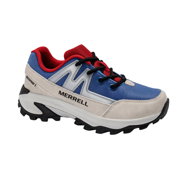 A Merrell logo'd trail running shoe in blue with white wrap, red lining and tongue, silver "M" accent and a black and grey lugged outsole.