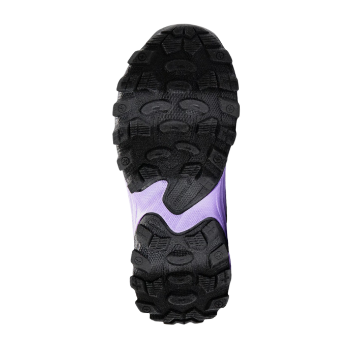 Black lugged outsole with purple accent waved horizontally through middle.